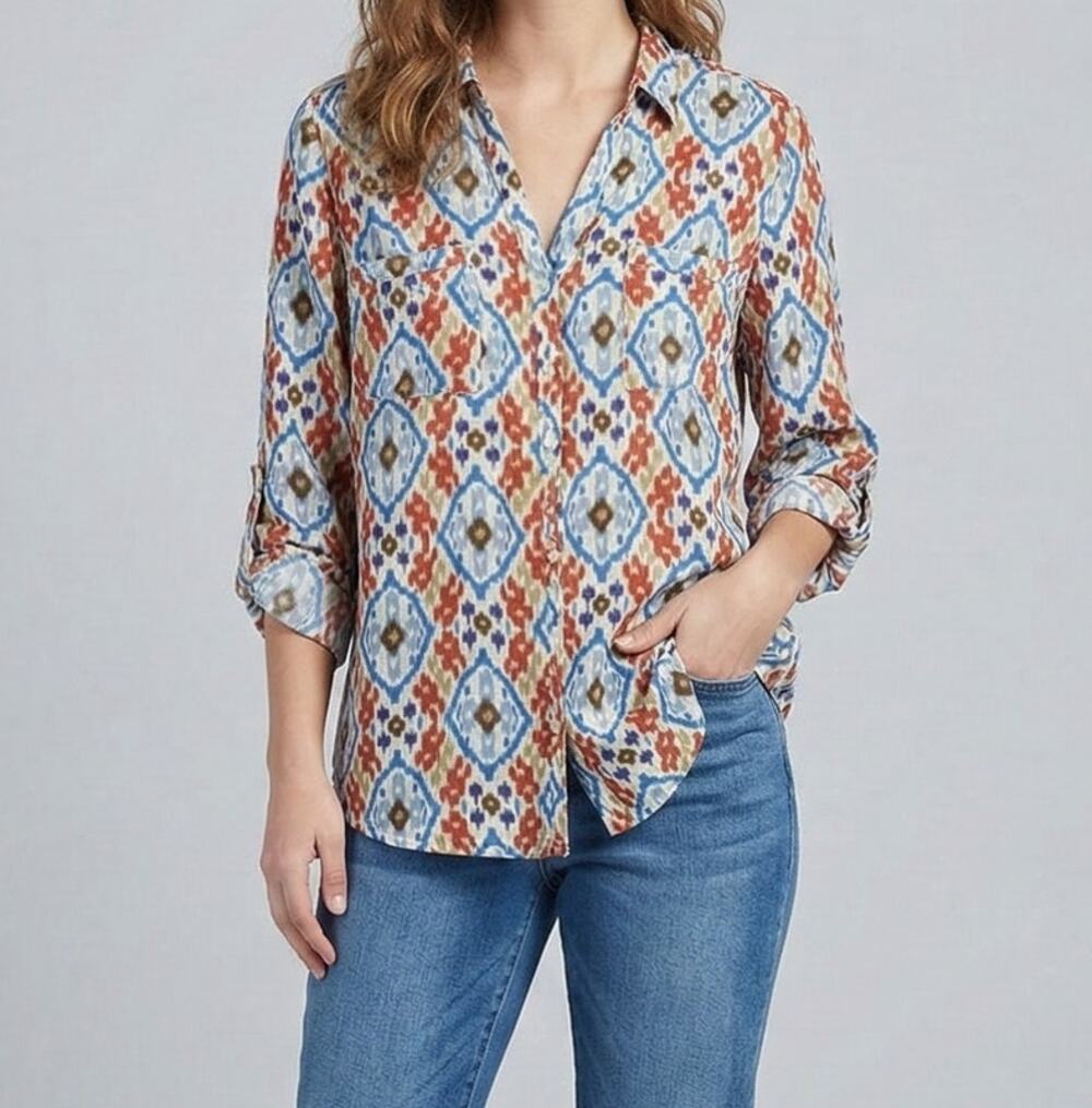Cato Medium 100% Rayon Roll Tab Sleeves Blue Red White Top Button Front